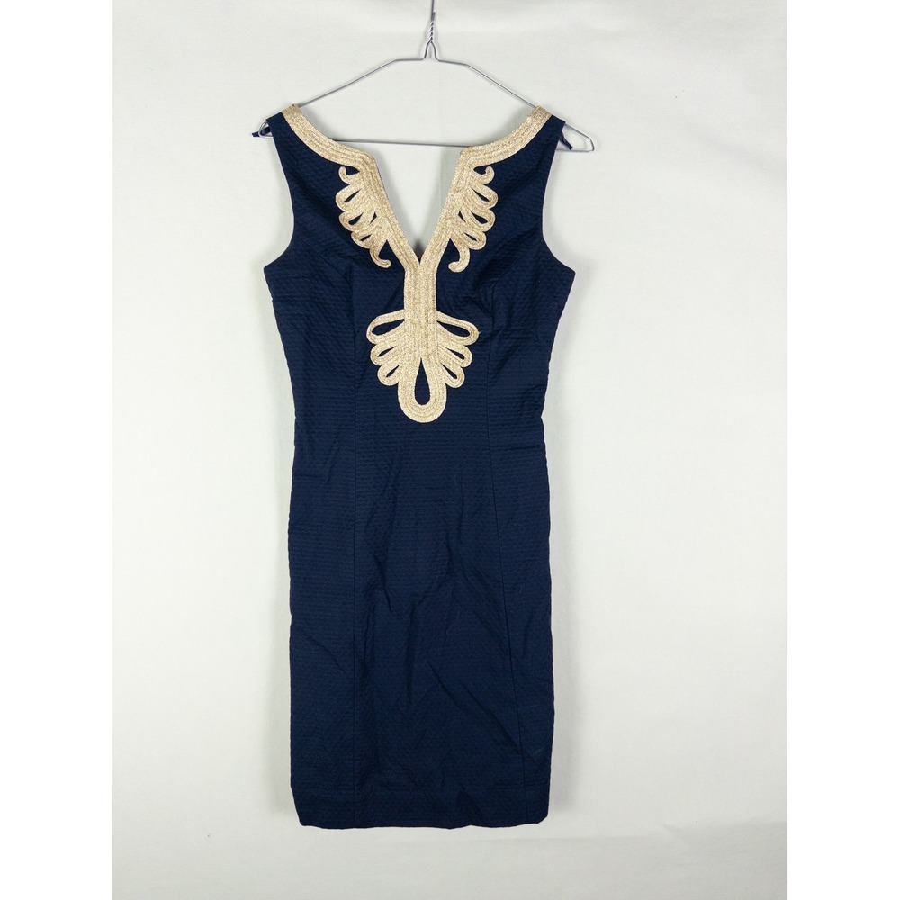 Lilly Pulitzer Gold Braided Trim V-Neck Shift Dress Womens 00 Navy Blue Cotton P